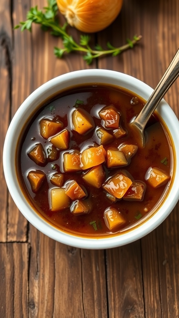 A bowl of rich onion gravy with caramelized onions, served with thyme on a rustic wooden table.